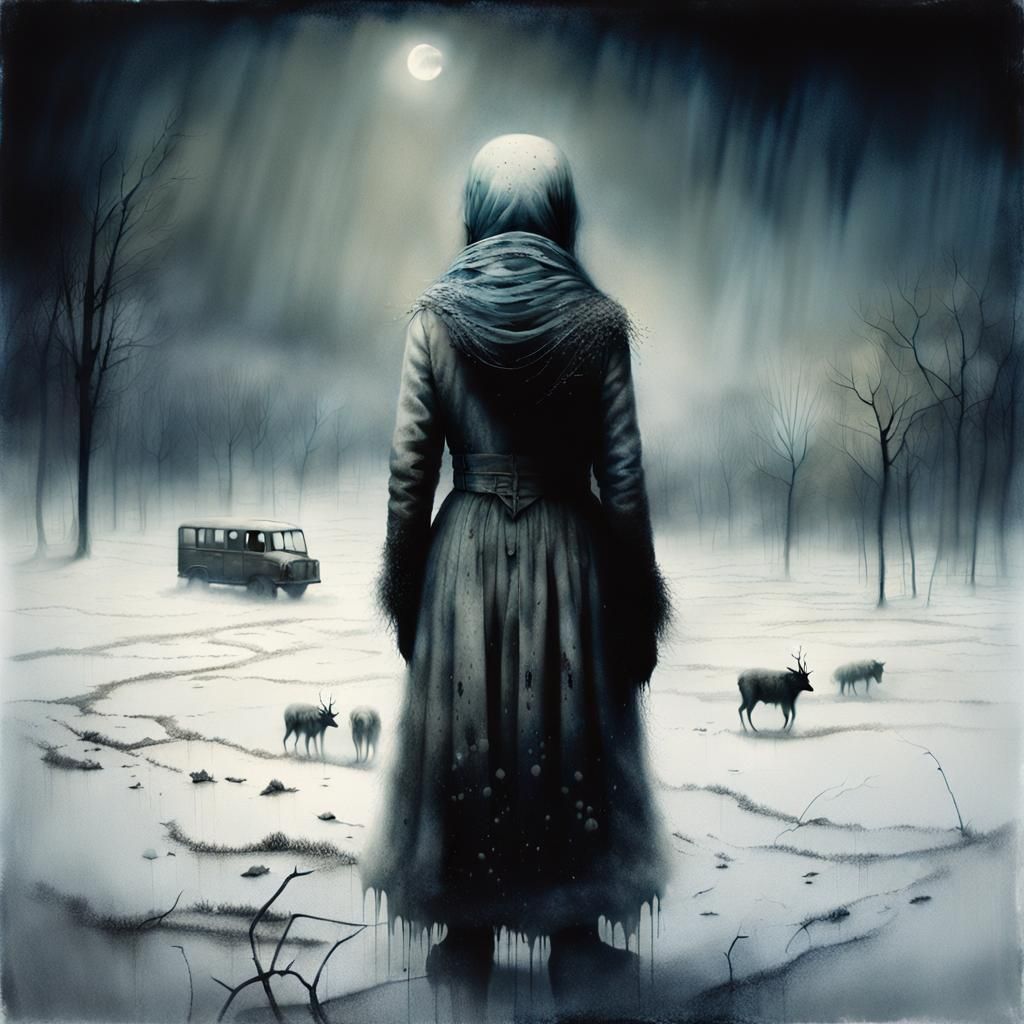 Eerie Night: Woman Watches Distant War in Snow