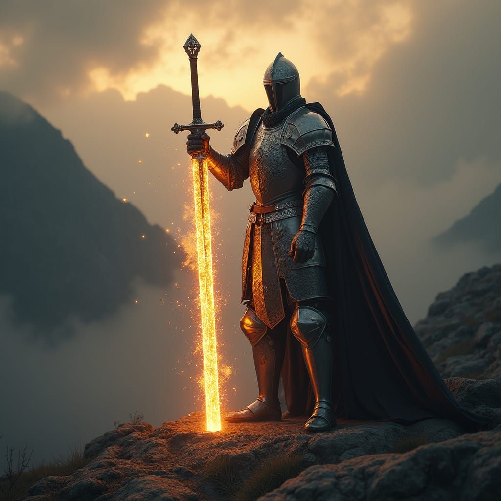 Heroic Knight Embodied by Vibrant Energy Sword in Medieval L...