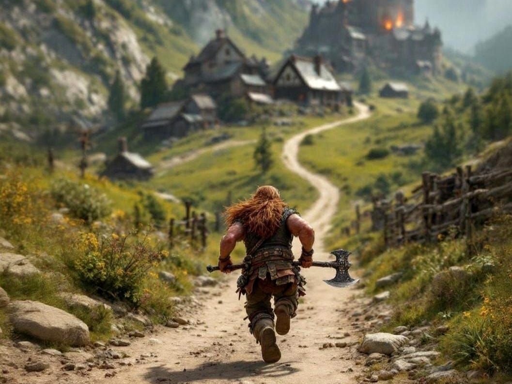 Dwarf Warrior Rushes to Burning Village in RPG Style
