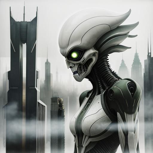 Alien Creature in Dystopian Cityscape: Double Exposure Surre...