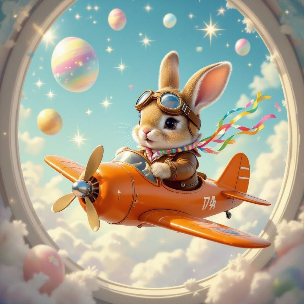 Whimsical Bunny Soars Through Crystal Window into Dreamworld