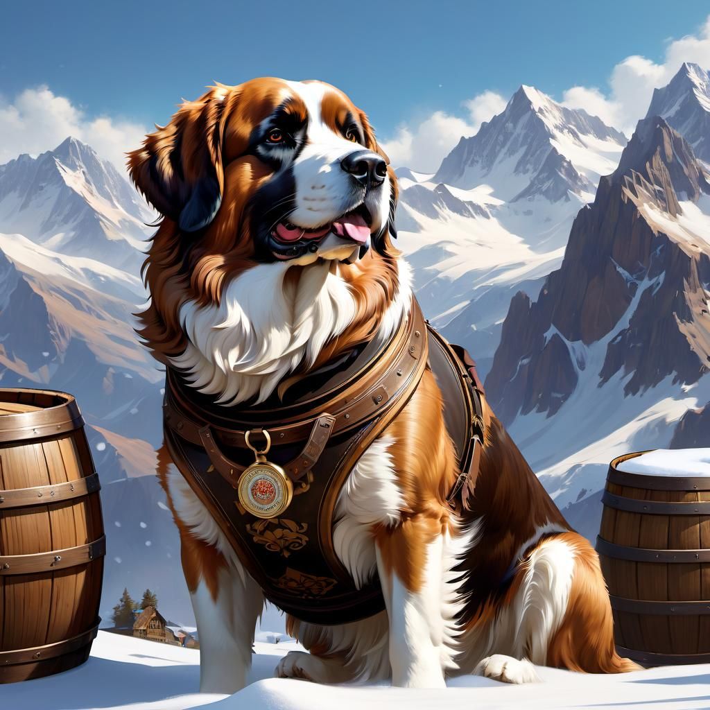 Saint Bernard Dog in Snowy Mountains, Hyperdetailed Art