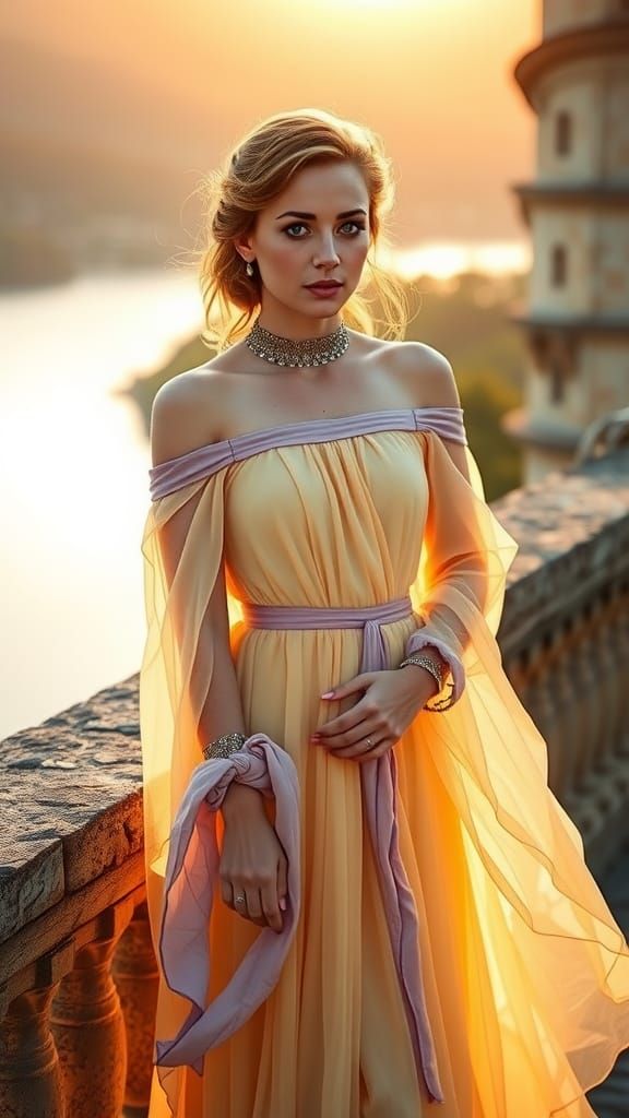 Ethereal Woman on Balcony at Golden Hour