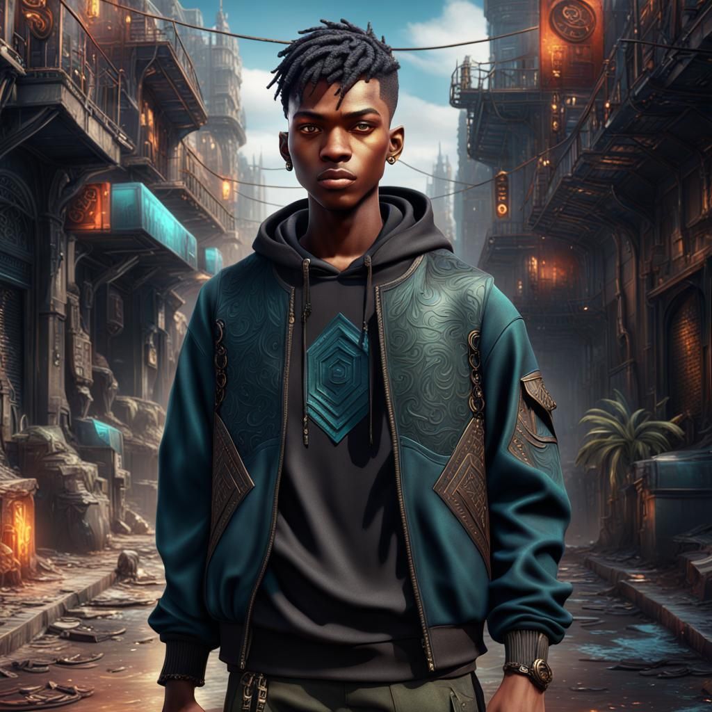 Teenage Boy in Urban Attire: Fantasy Concept Art