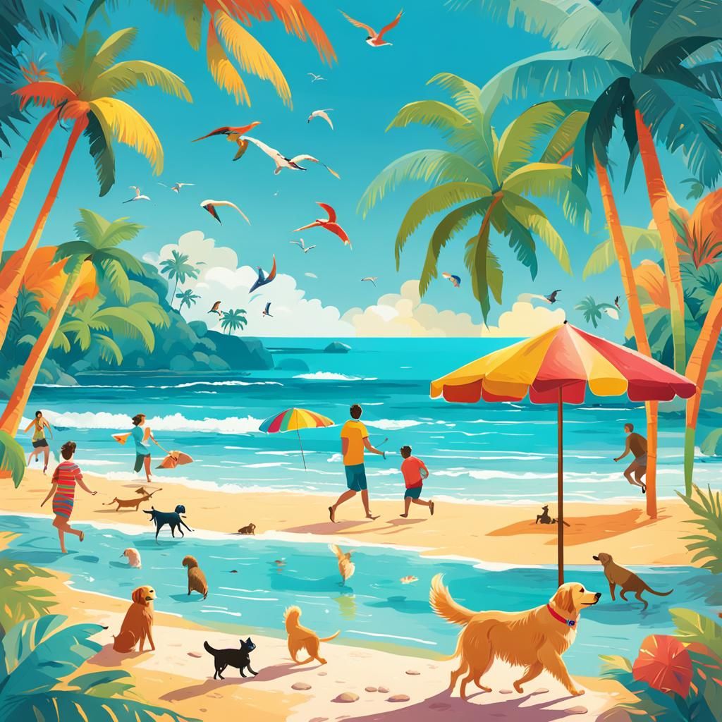World Pets Day Beach Scene in Hyper-Realistic Style