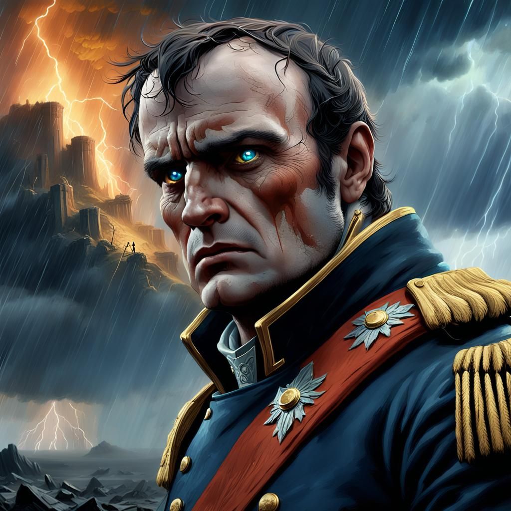 Napoleon's Enraged Face in Stormy Landscape: Fantasy Art