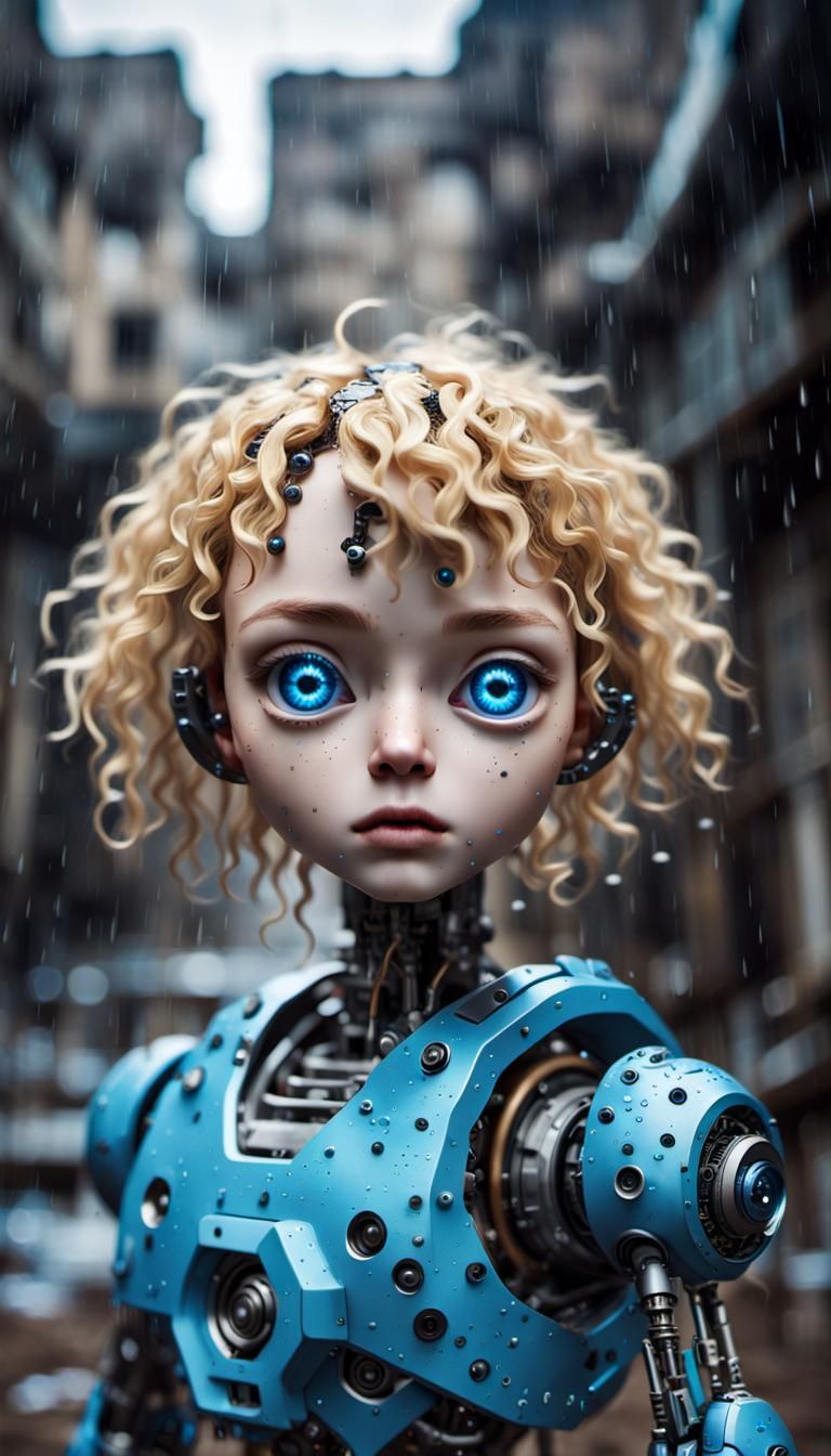 Anime-Style Cyborg Robot in Rain-Soaked Ruins