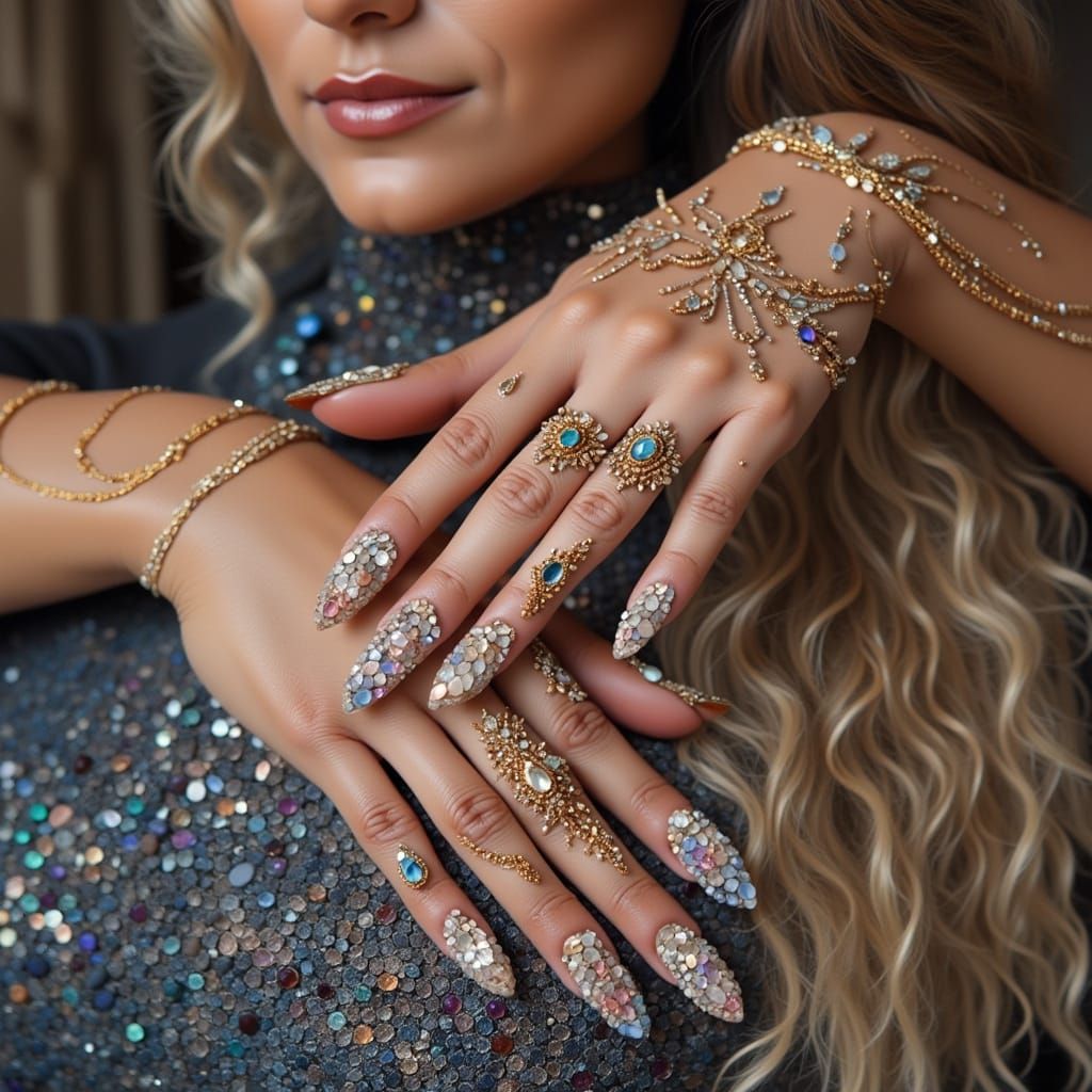 Elegant Gem Nails in Art Nouveau Style