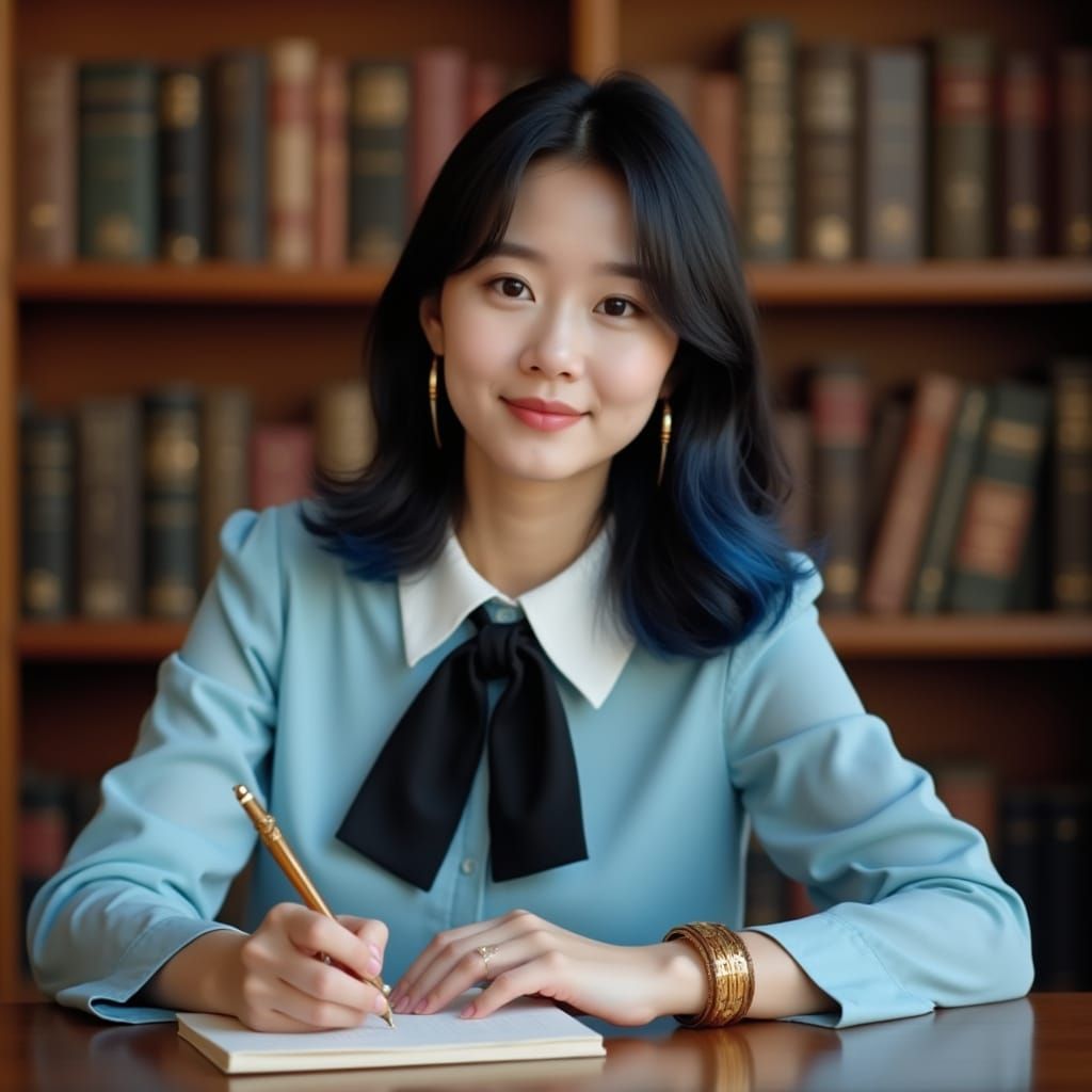 Young Korean Author Writes in Elegant Library at Sunset