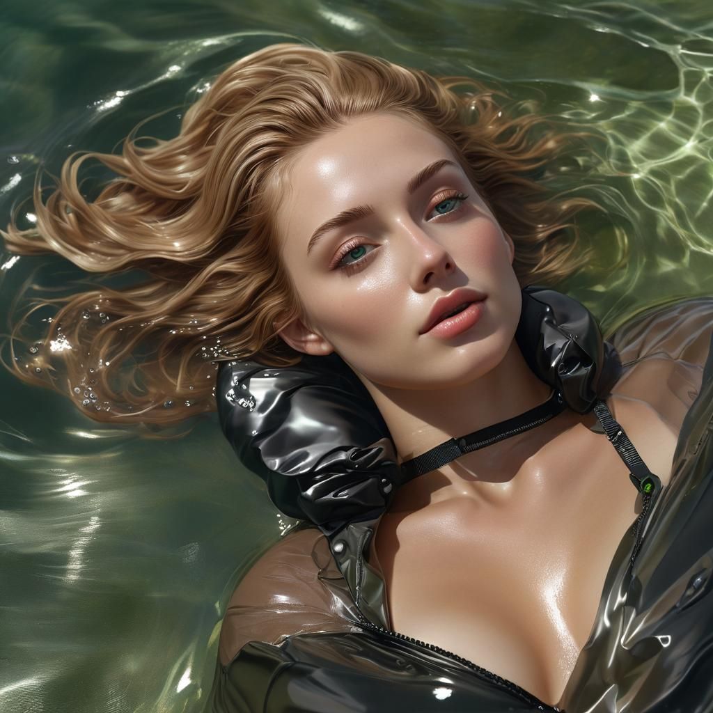 Woman in Puffer Jacket in Pool: Hyperrealistic Splash Art
