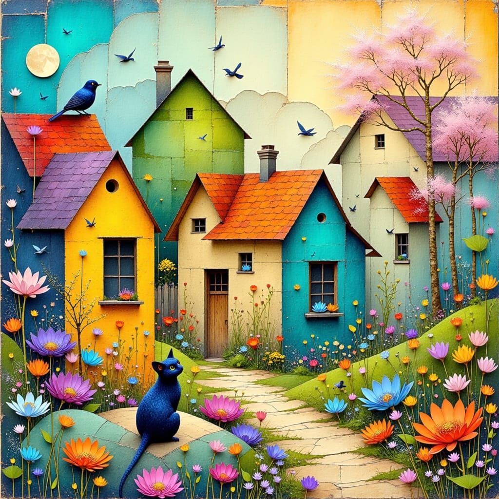 Vibrant Whimsical Village Scene