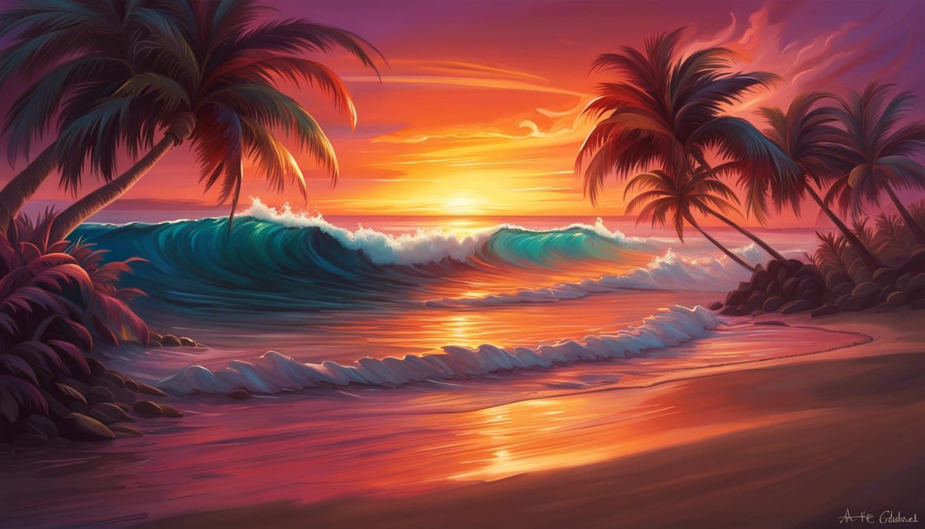 Tropical Island Sunset Artgerm Style Composition