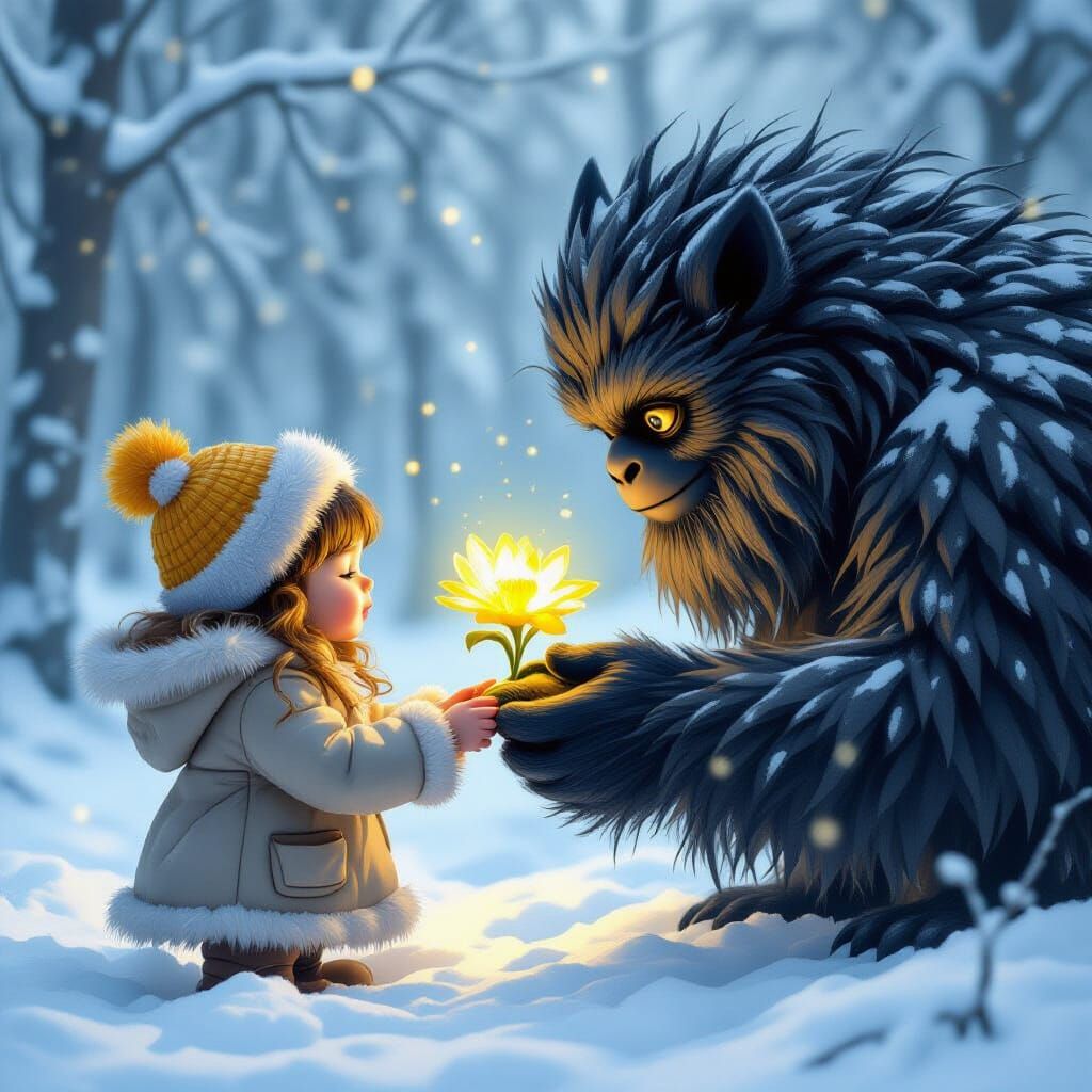 Girl Gives Glowing Flower to Furry Monster in Snowy Forest