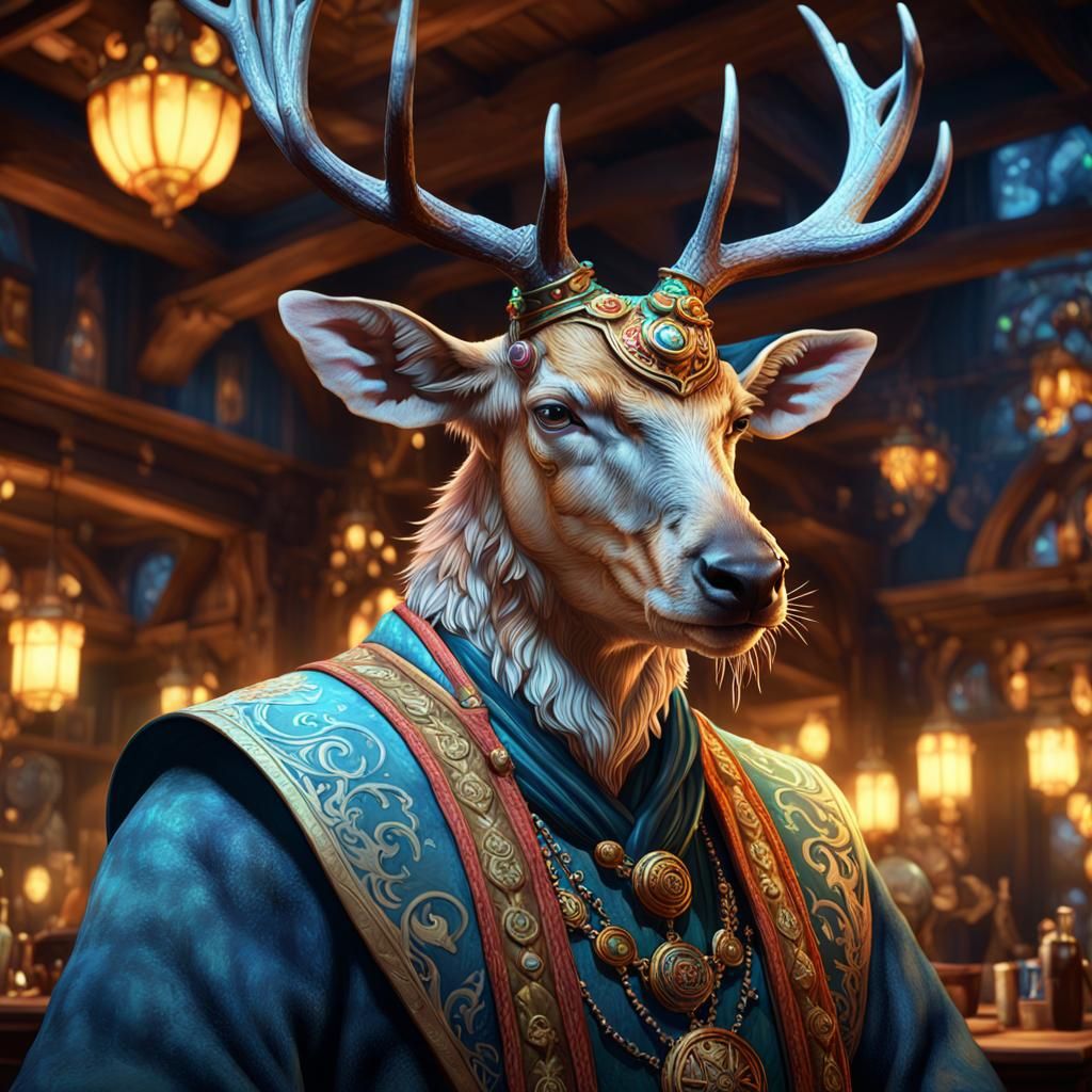 Sambar Deer Warlock in Fantasy Tavern, Hyperdetailed Art