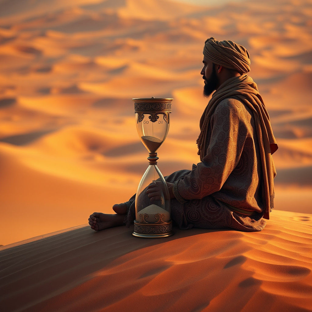 Bedouin Gazing at Sandglass in Desert Landscape