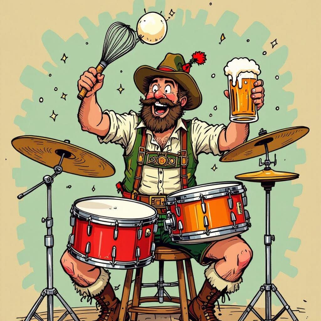 Drunk Bavarian Drummer with Whisk in Cartoon Style