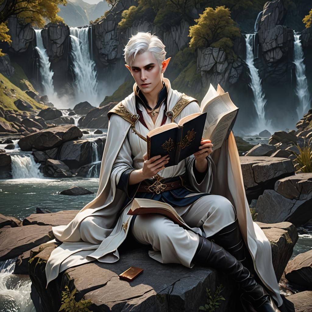 High Elf Vampire Reading by Waterfall