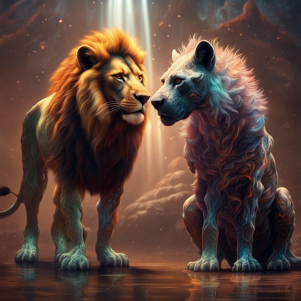 Lion and Hyena Hologram in Detailed Matte Painting