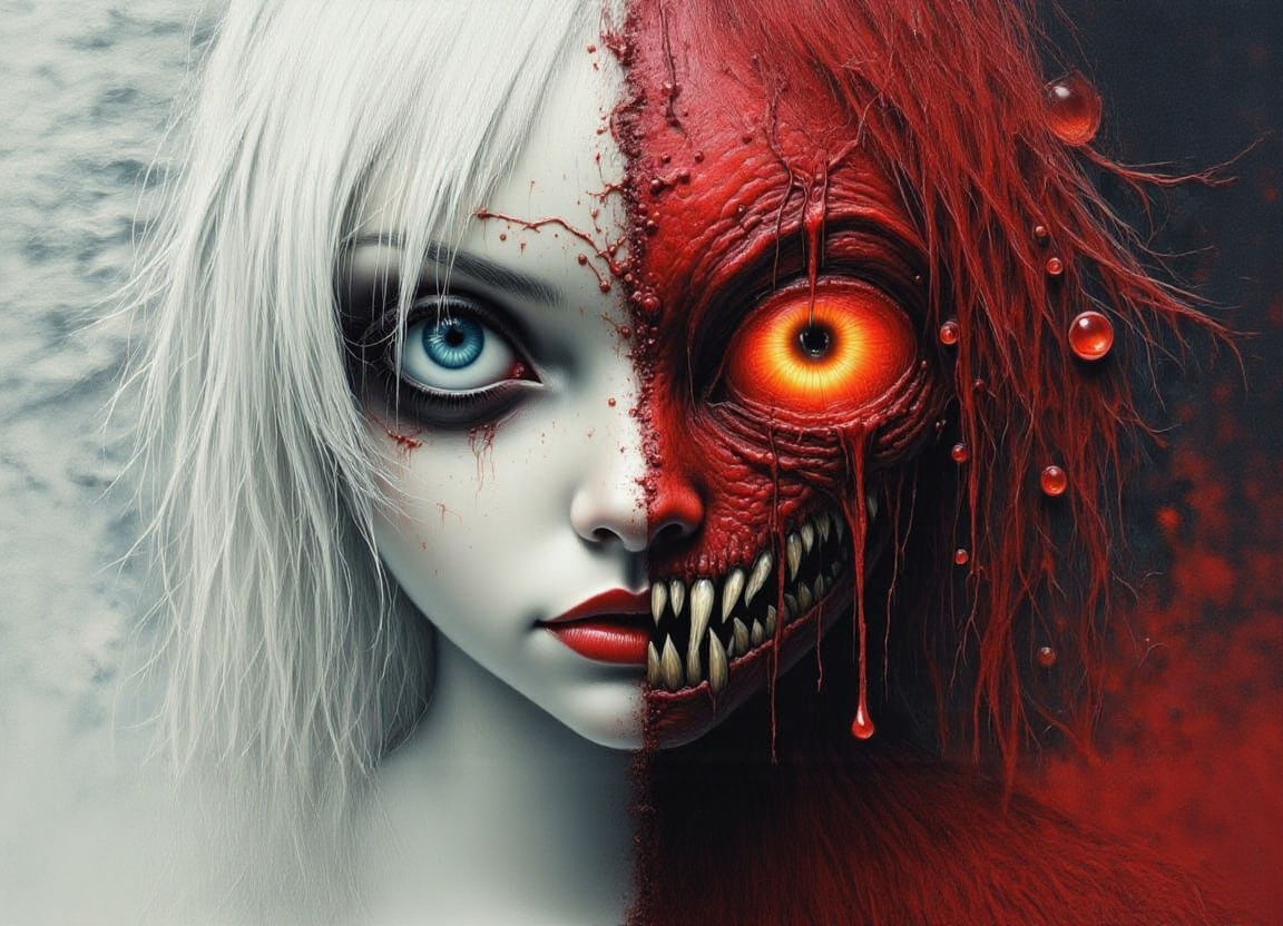 Angelic Demon Portrait in Manhwa Glitchcore Style