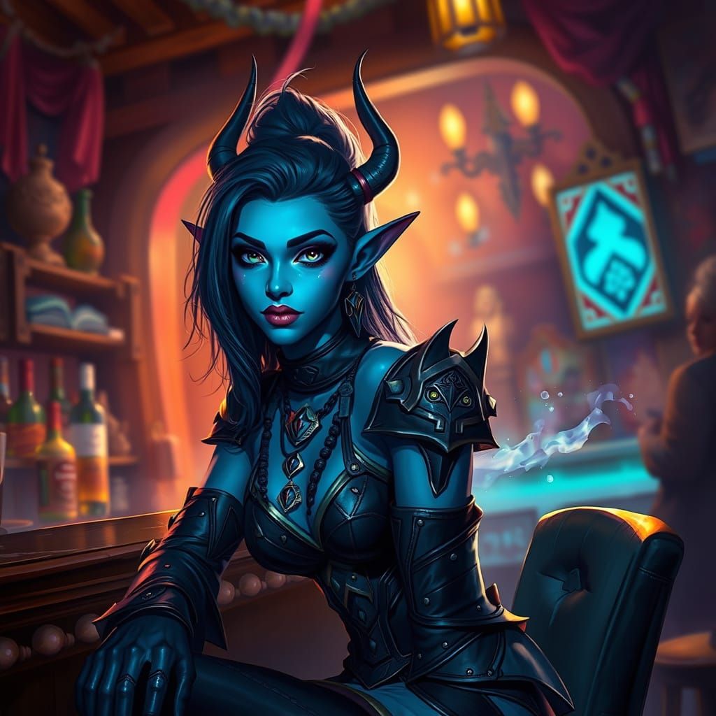 Blue Draenei Woman in Goth Outfit at Bar