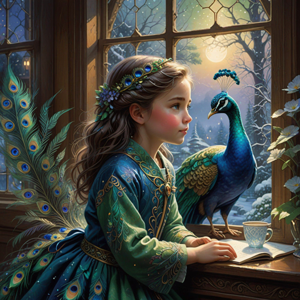 Whimsical Peacock Forms in Snowy Evening Window Scene