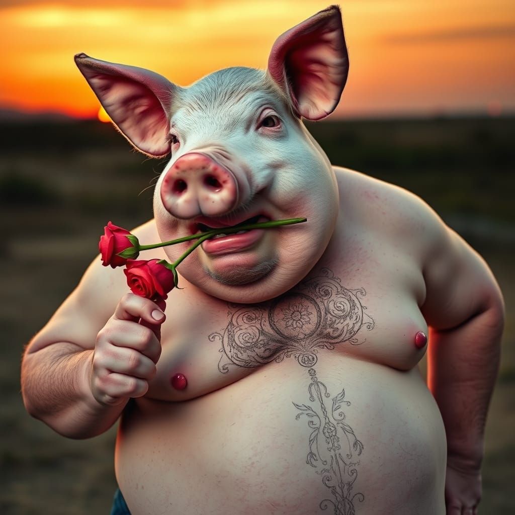 Confident Pigman Poses with Rose in Sunset