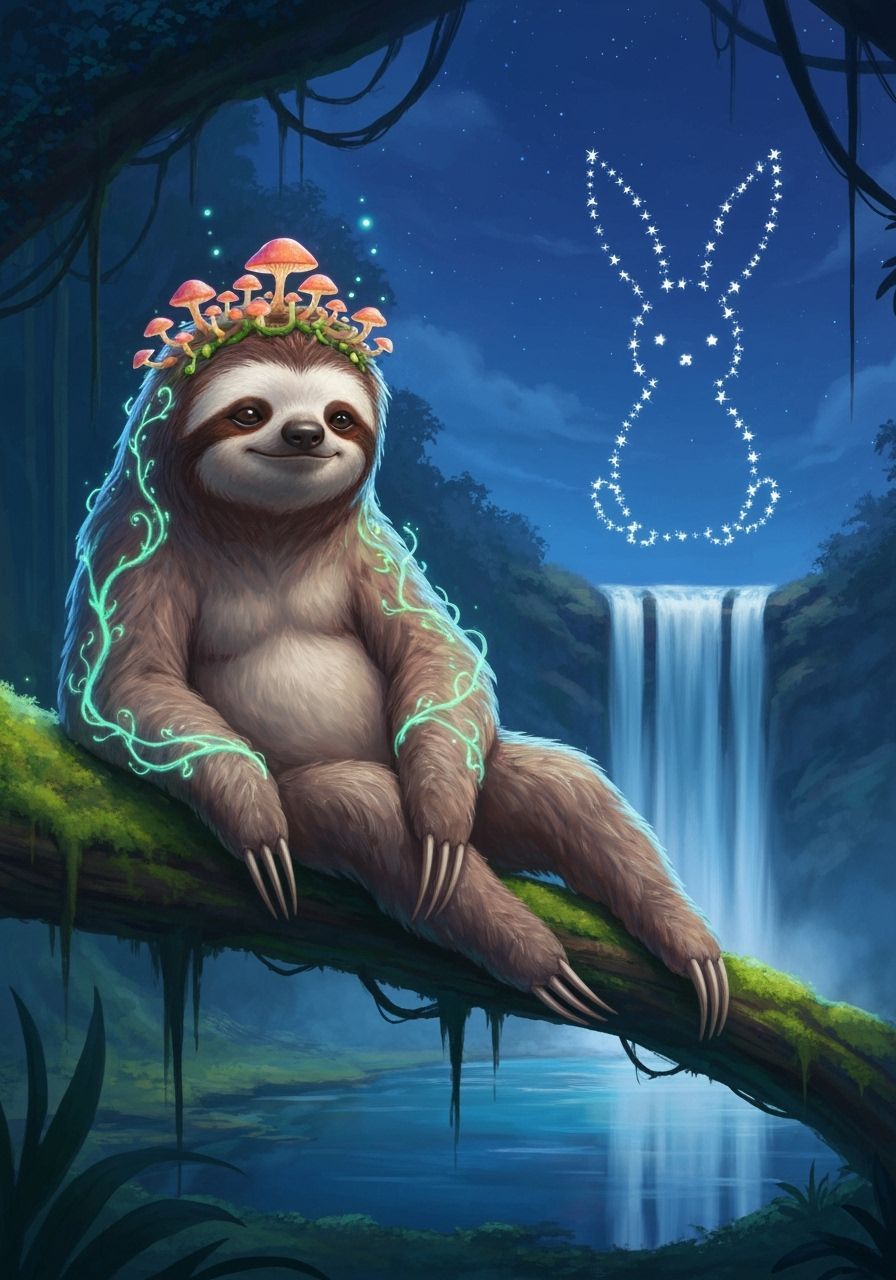 Ancient Sloth King in Bioluminescent Twilight Rainforest