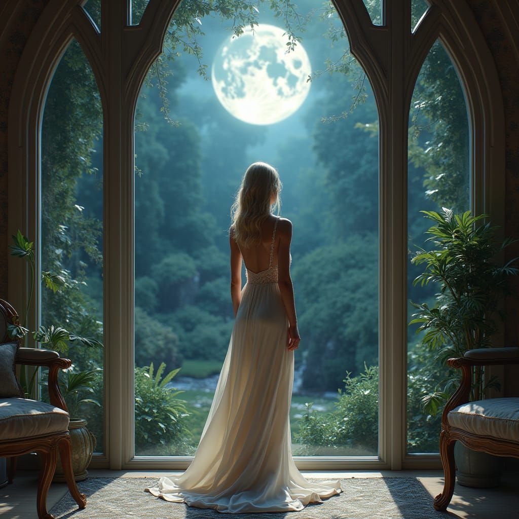 Blonde Goddess in Majestic Moonlit Garden