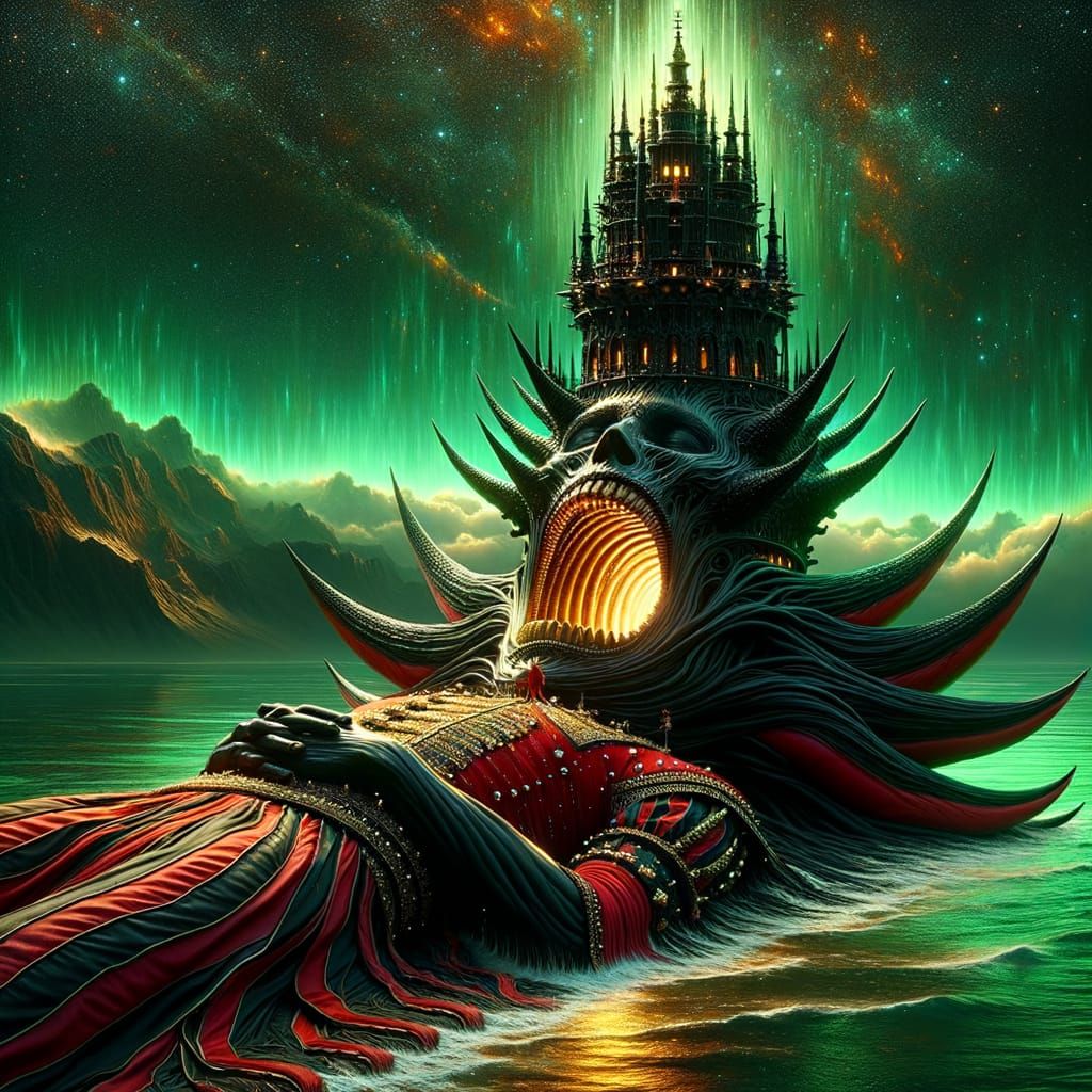 Surreal Dark Elf Jester Surrounded by Electric Green Ocean a...