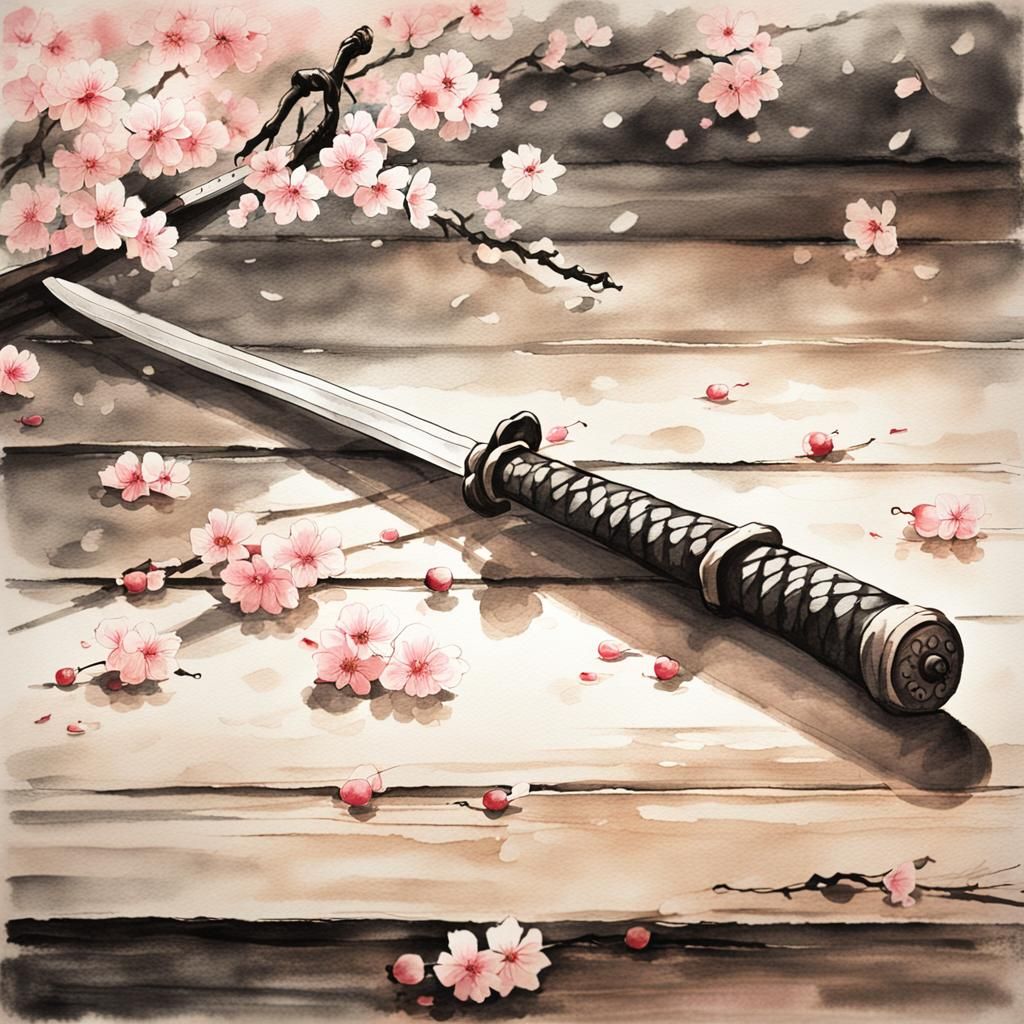 Samurai Sword Among Cherry Blossoms in Ink Wash Style
