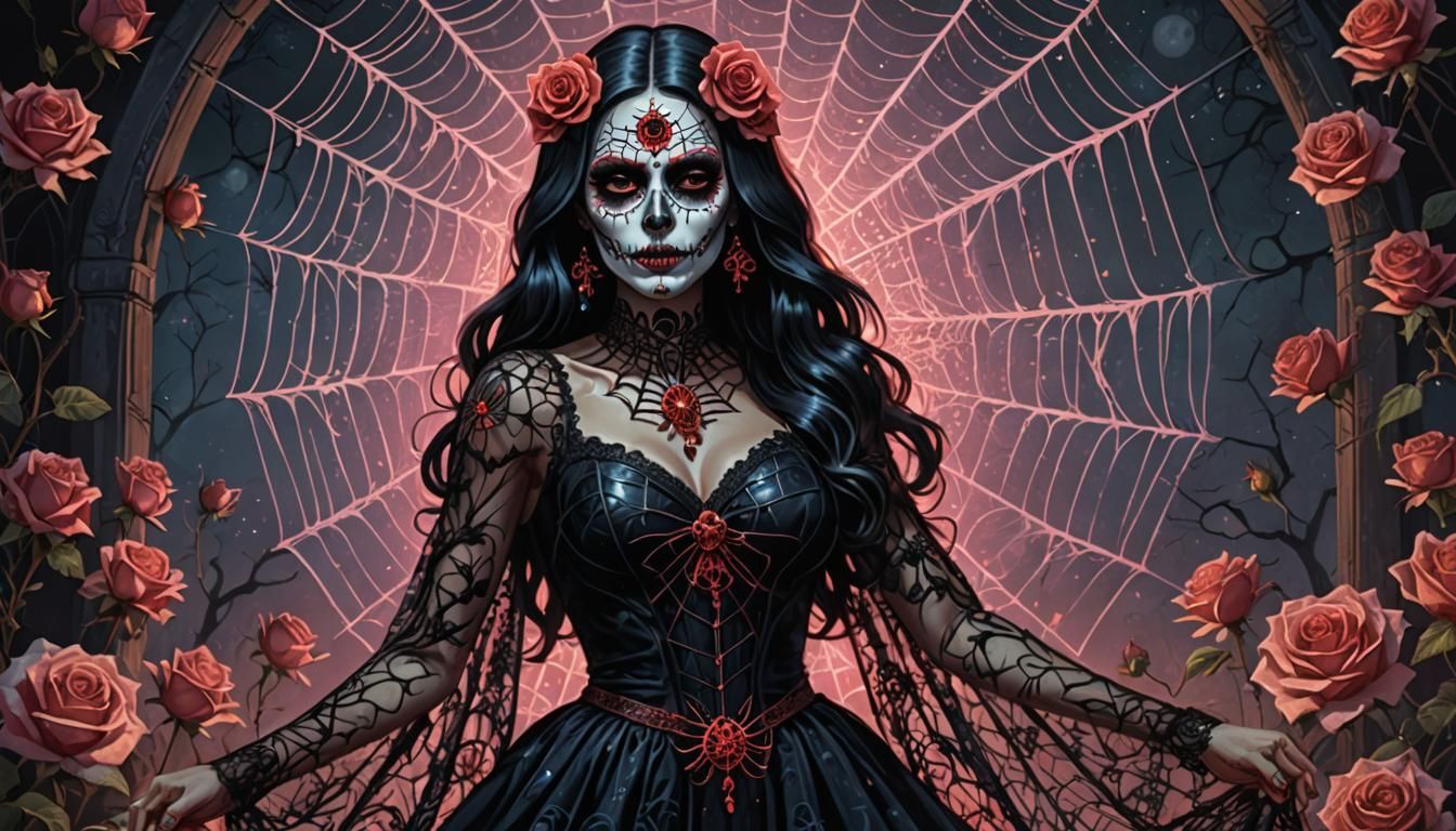 Santa Muerte Pinup with Spiderweb Dress, Astral Illustration