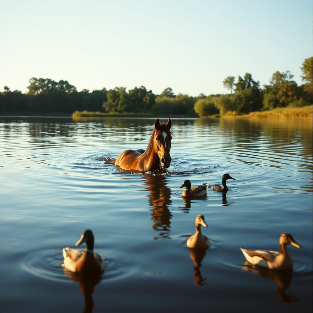 Elegant Horse Swims in Serene Summer Lake Scene