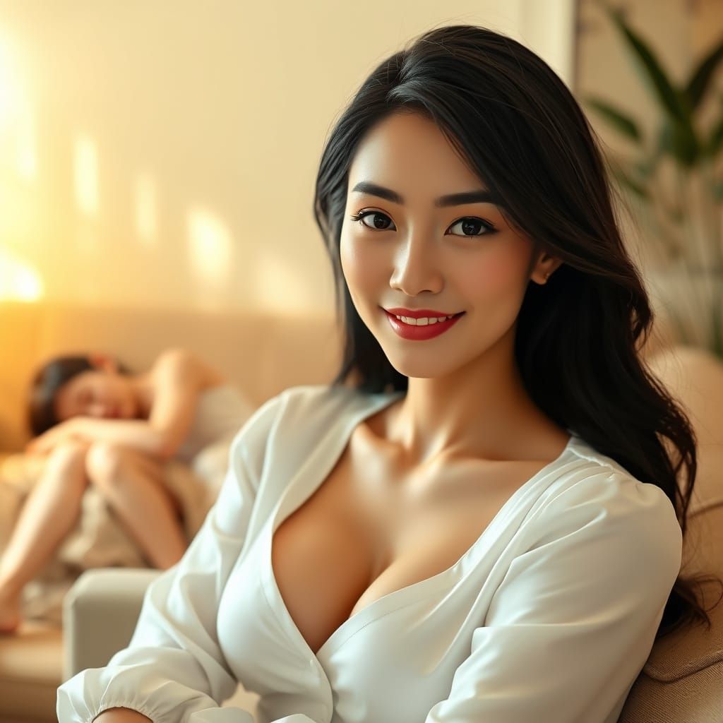 Elegant Chinese Beauty in Cozy Living Room