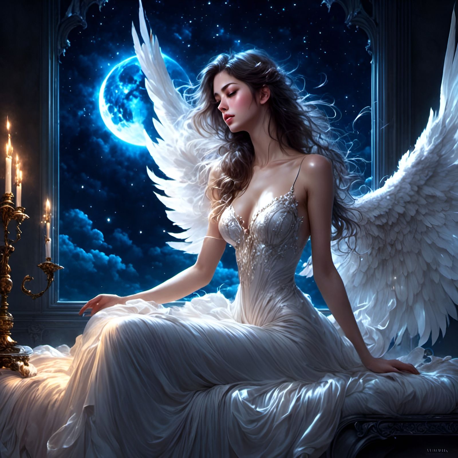 Winged Beauty in Starlight: Hyperrealistic Digital Art
