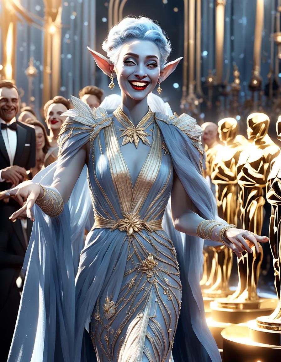 Dark Elf actress of pale skin. Smiling out of joy while receiving an Oscar Award. Crowds and applause filling the theatr...