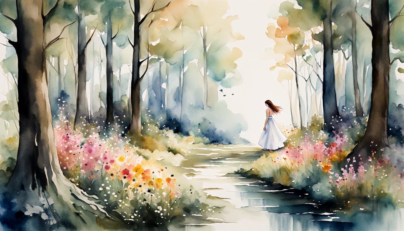Woman in a Serene Forest, Soft Watercolor Painting