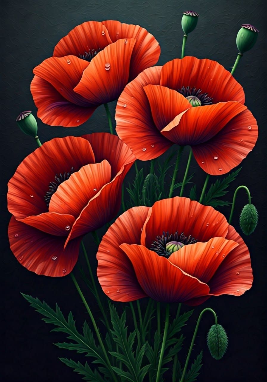 Vibrant Red Poppies in a Textured Dark Backdrop