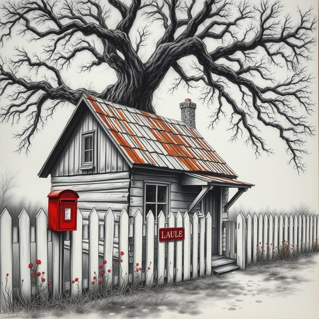 Ethereal Cottage Scene in Charcoal Style