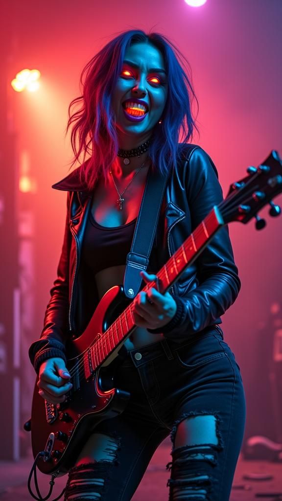 A Cyberpunk Punk Rock Guitar Playing Vampire with oversized ...