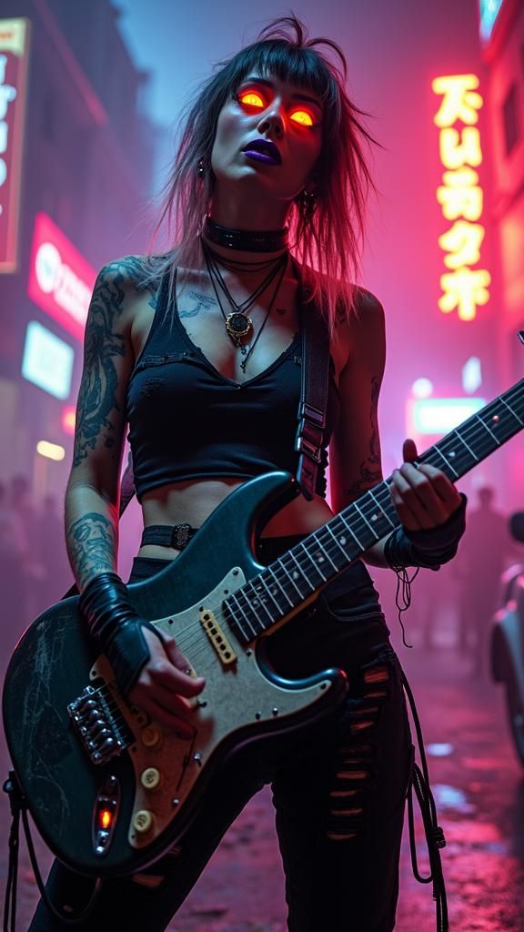 A Cyberpunk Punk Rock Guitar Playing Vampire with oversized ...