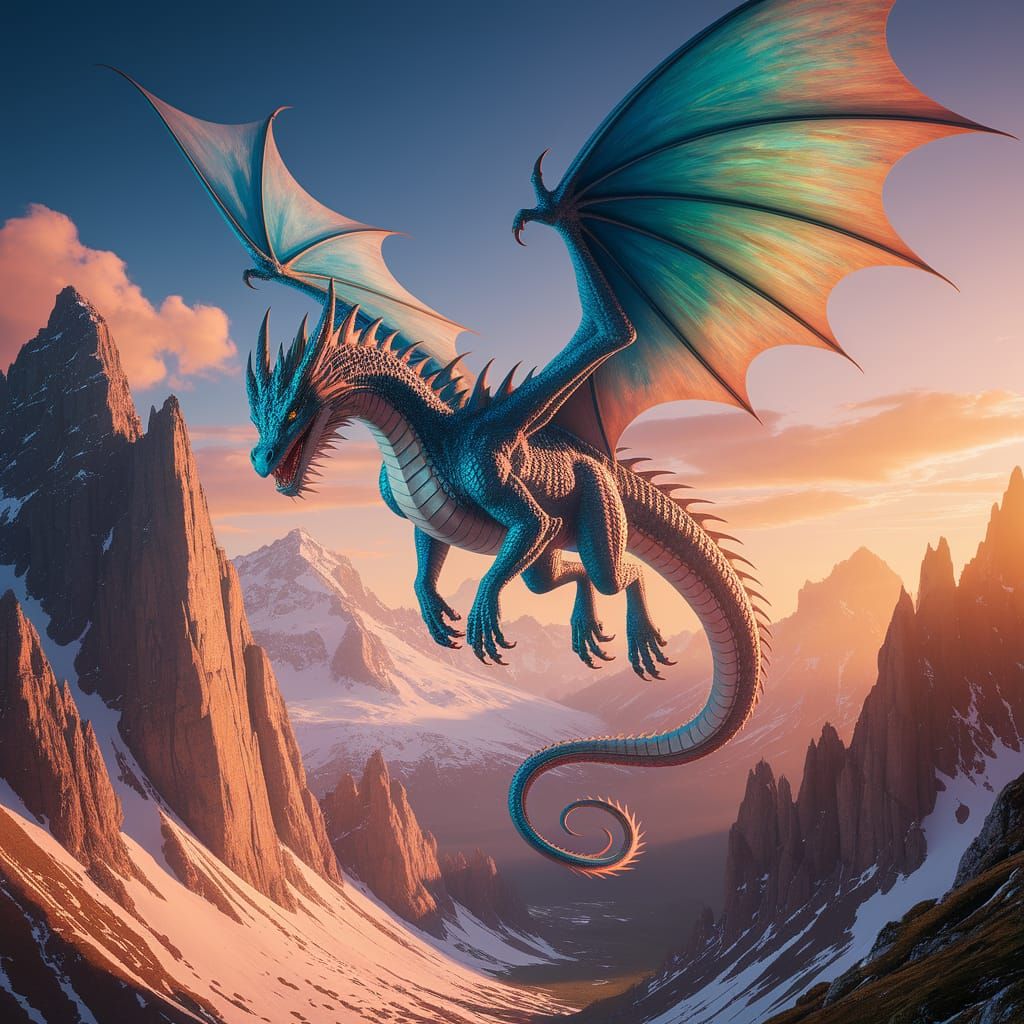 Azure Dragon Soaring Above Mountain Peaks