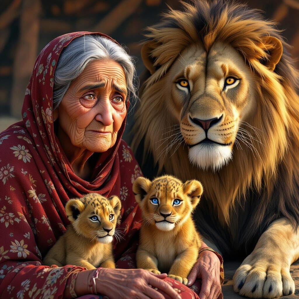 Elderly Woman and Lions in Dramatic Twilight Scene