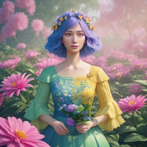 Young Woman Surrounded by Vibrant Flowers in 3D Art