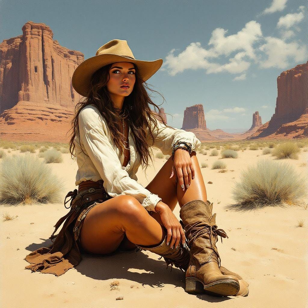 Cowgirl in Desert Landscape in Syd Mead Style