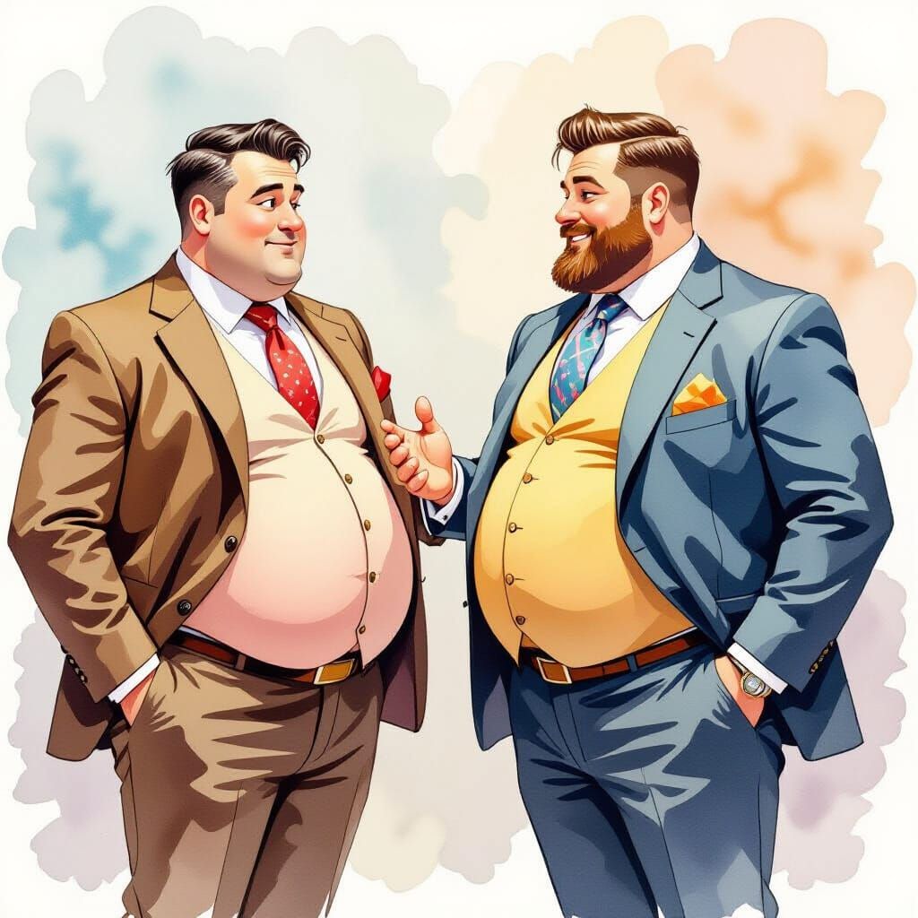 Watercolor Painting: Two Stout Men in Suits Conversing