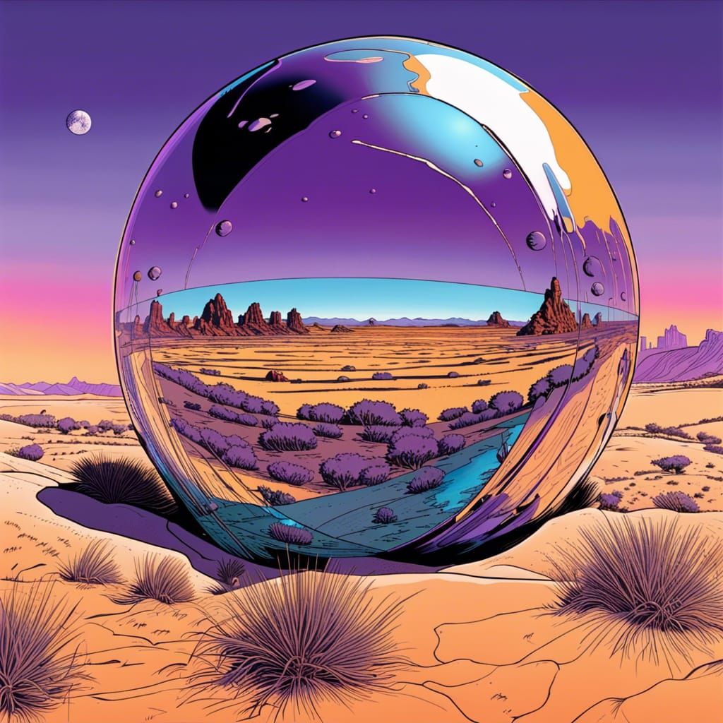 Chrome Sphere over Ultraviolet Grasslands in Moebius Style