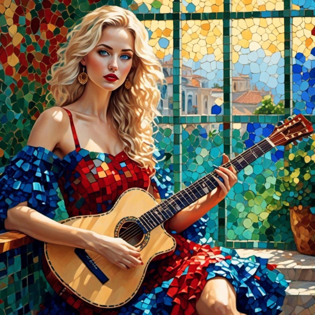 <lora:MosaicStyle:1.0> mosaic digital art of a pretty woman, blond hair, blue eyes, red lips,  green ,blue  short dress ...