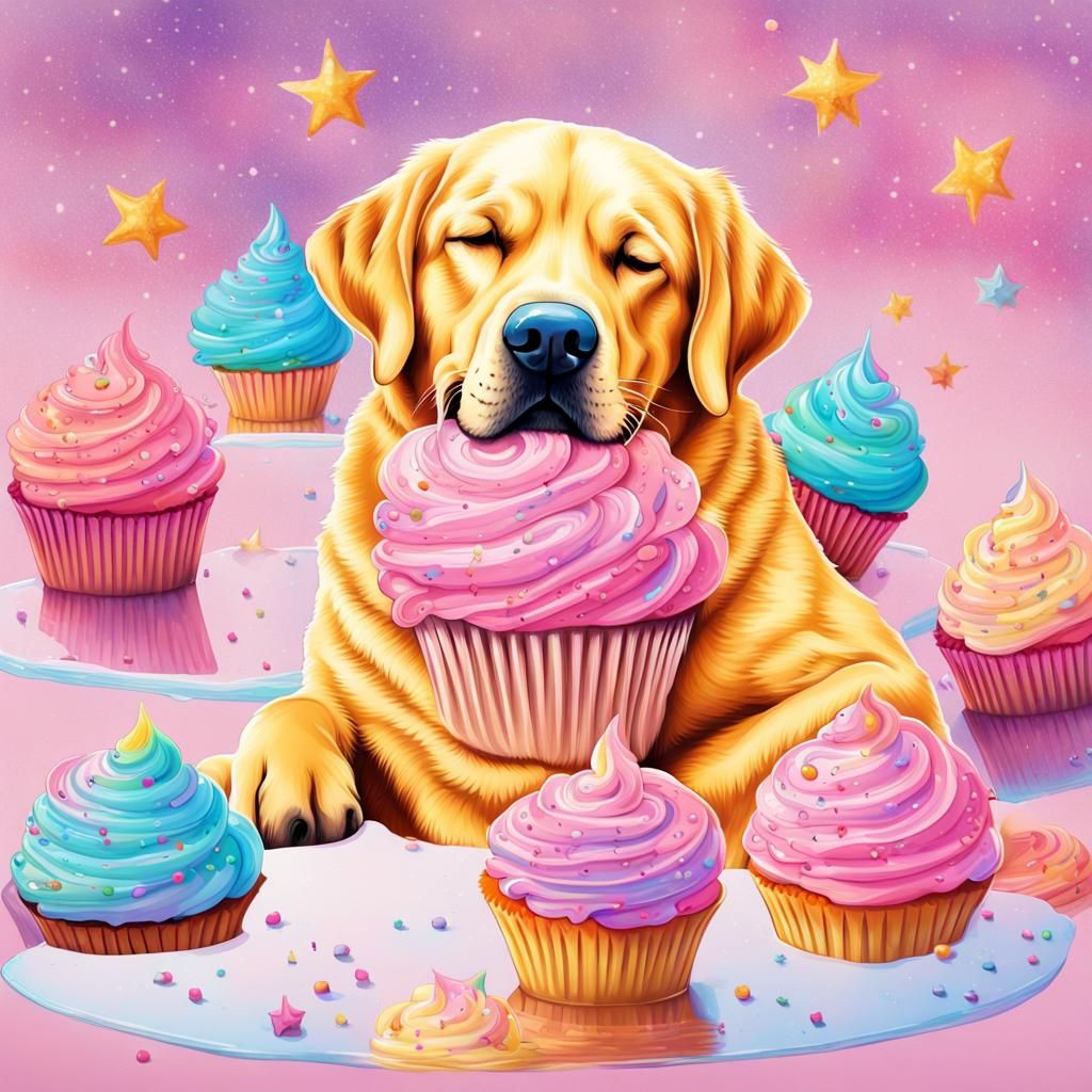 Labrador Dreams on Cupcake: Cosmic Cartoon Illustration
