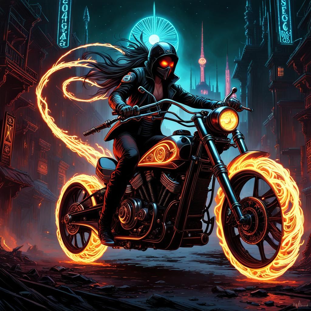 Angel of Death on Cyberpunk Motorcycle