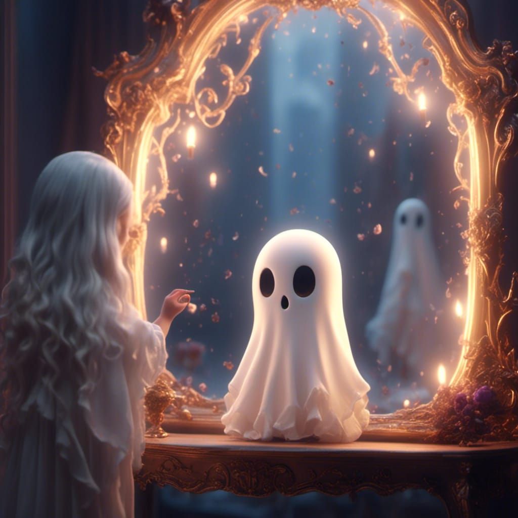 Ethereal Ghost Gazing into a Magical Mirror